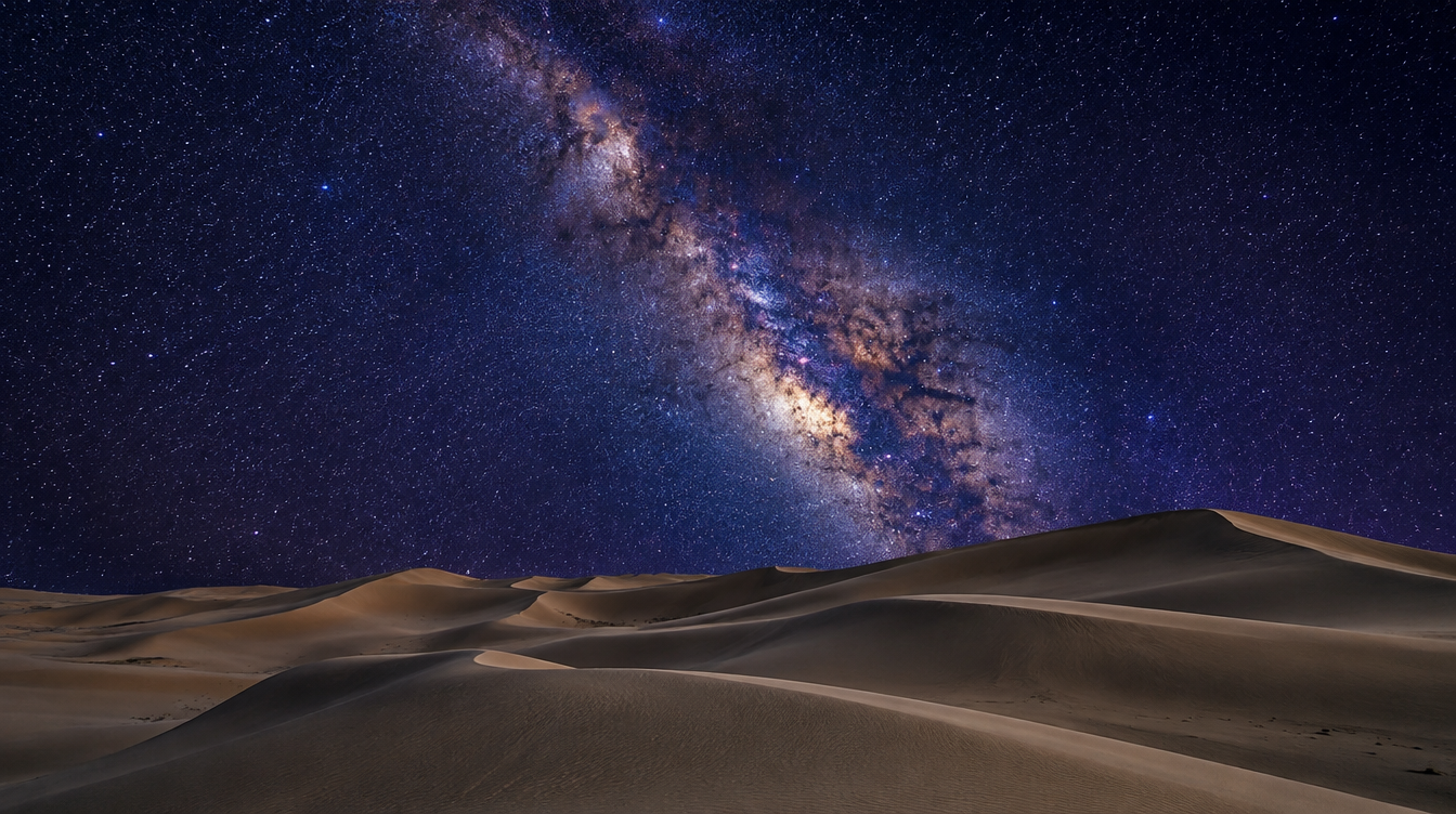 A sharp, pinpoint Milky Way arching over dark desert dunes at night