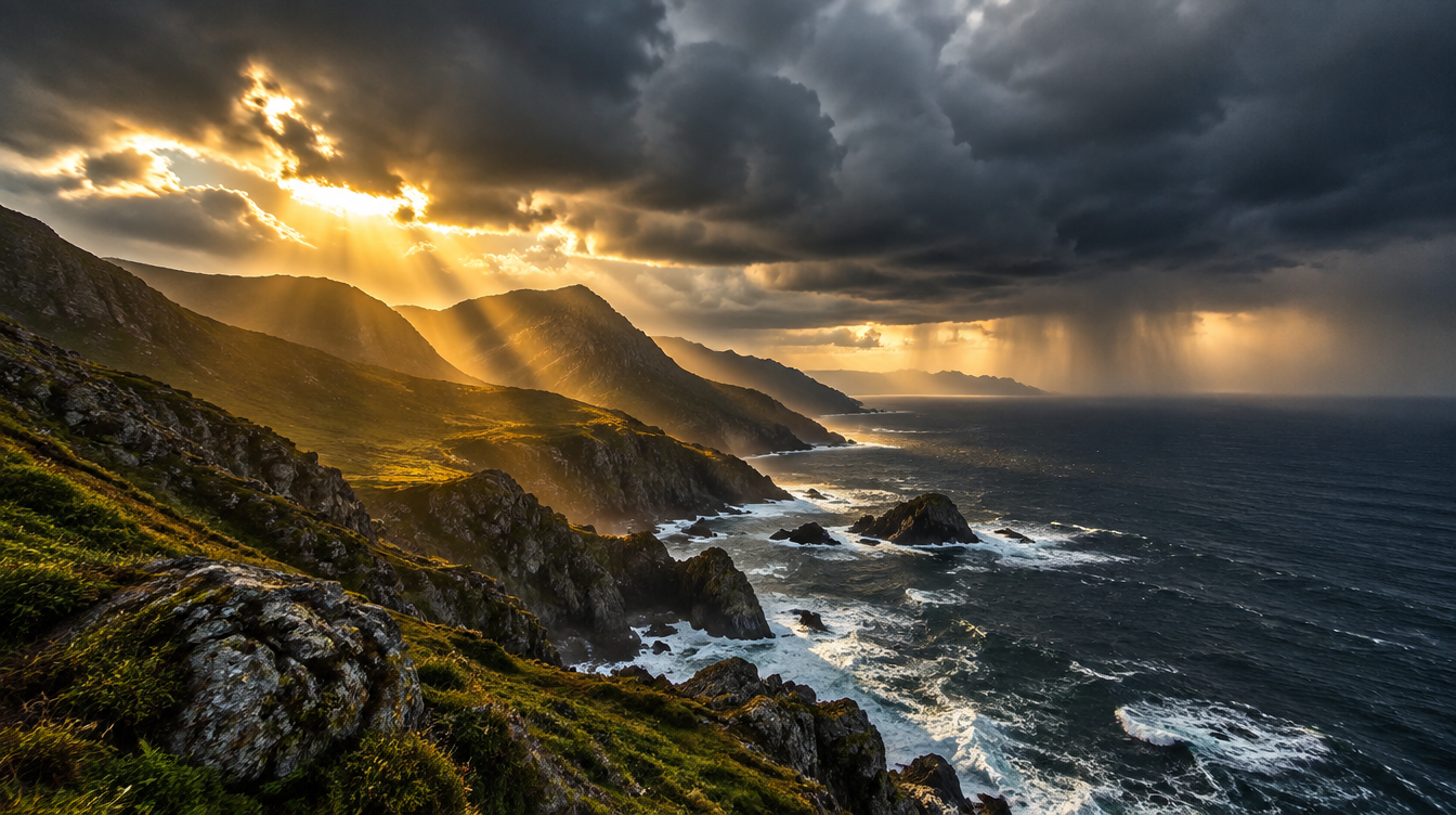 Dramatic storm clouds breaking with golden light over a dark, moody landscape