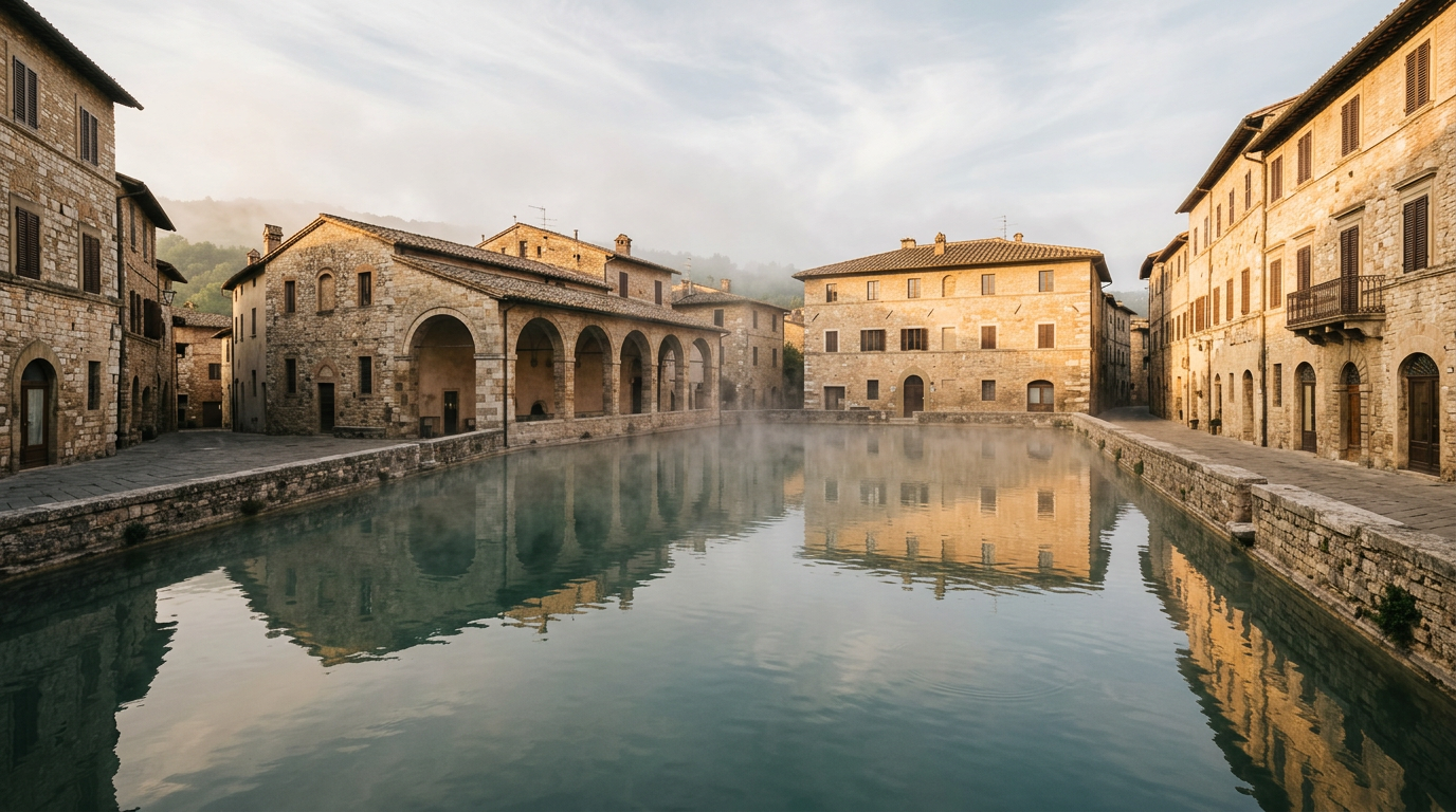 Steam rising off the thermal water pool in Bagno Vignoni's historic square at sunrise