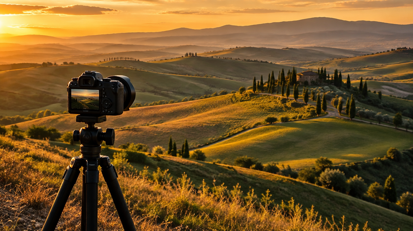 A camera on a tripod aimed at layered rolling hills at golden hour, demonstrating landscape photography depth of field
