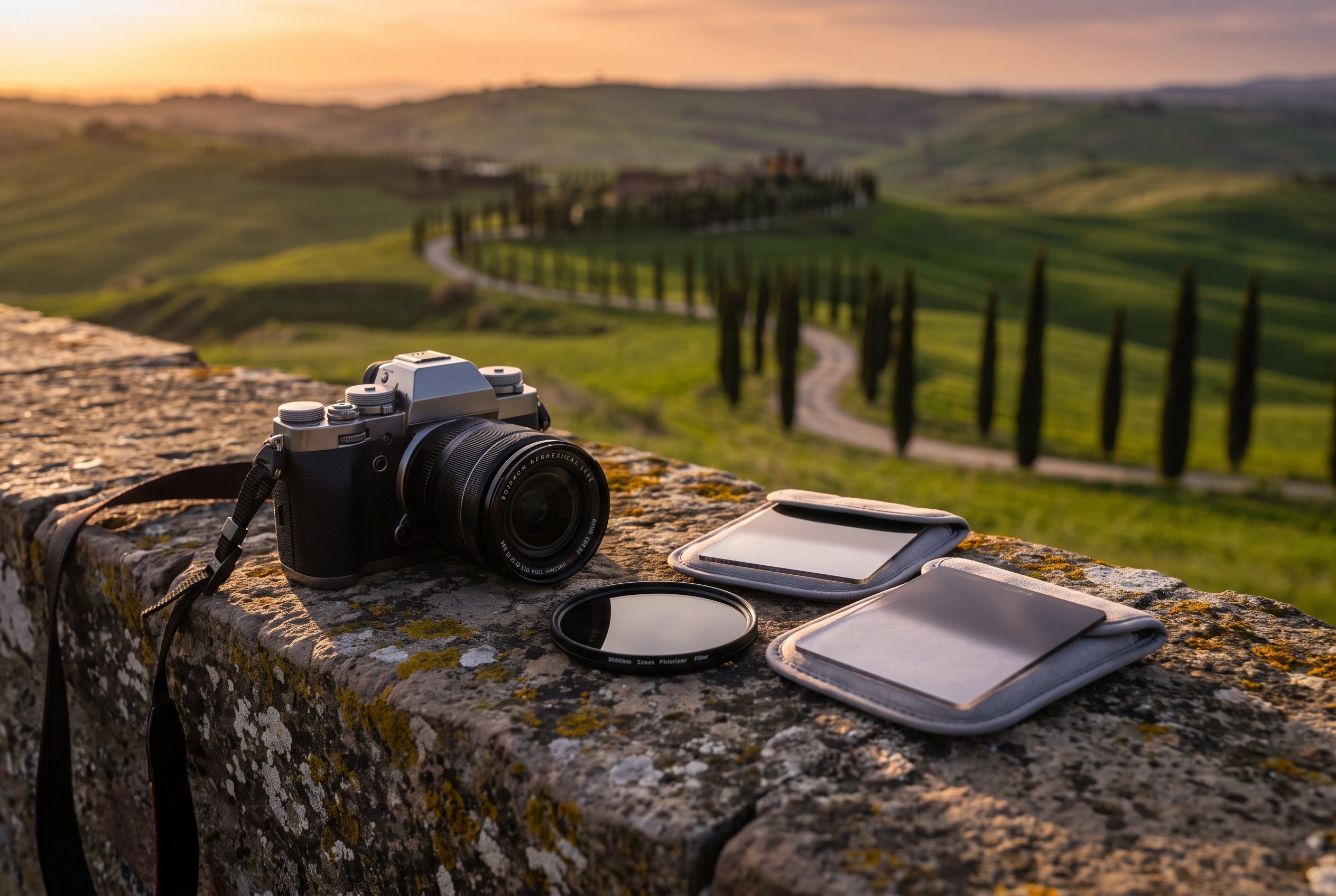 A circular polarizer filter and graduated ND filters laid out on a stone wall overlooking the rolling hills of Val d'Orcia at golden hour