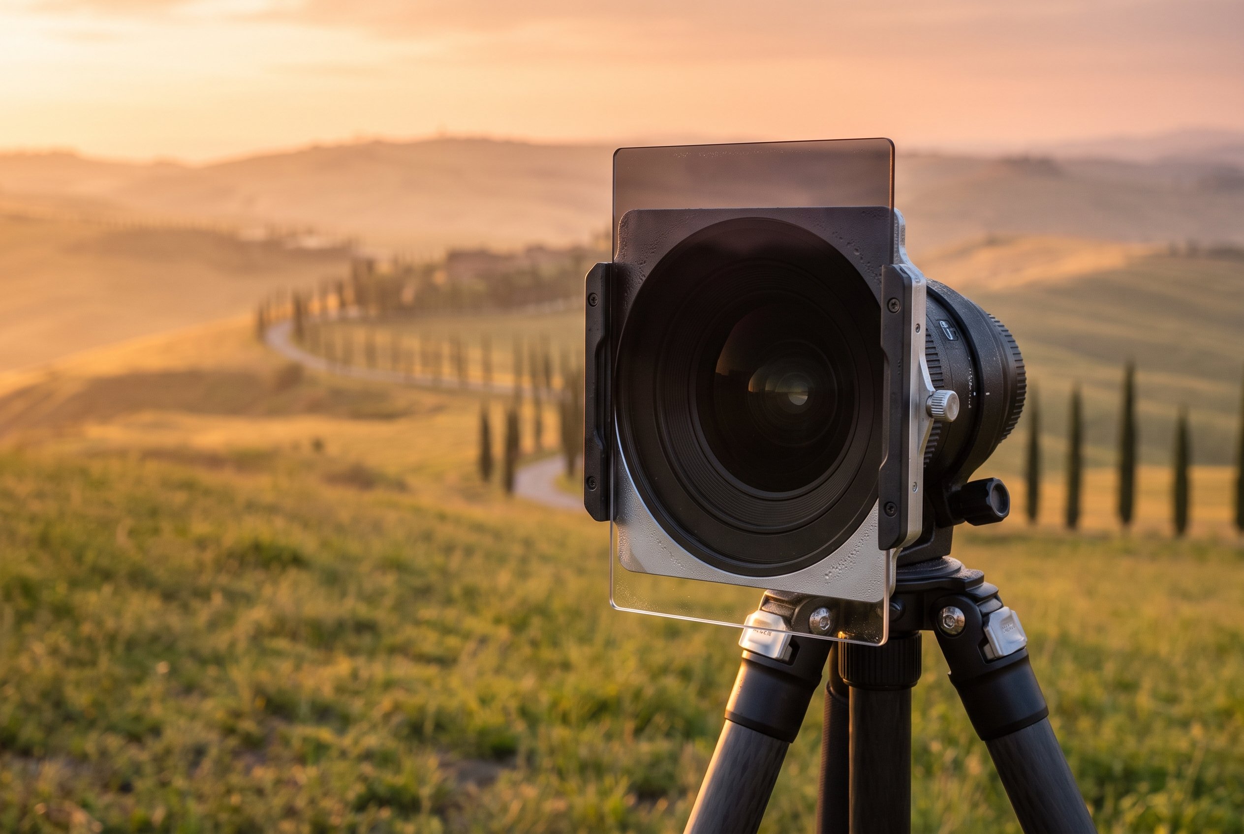 A graduated ND filter partially slotted into a square holder mounted on a tripod-mounted wide angle lens, with the rolling hills of Val d'Orcia in soft morning light in the background