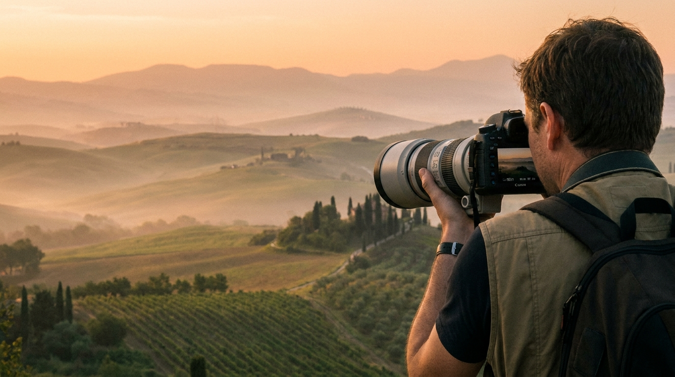 A photographer with a telephoto lens photographing layered rolling hills in Val d'Orcia at golden hour
