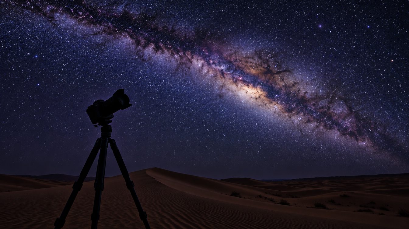 A fast wide-angle lens on a camera pointed up at the bright core of the Milky Way over a dark desert horizon