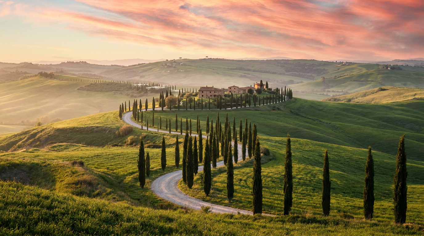 Golden hour over the rolling hills and cypress lined roads of Val d'Orcia, Tuscany