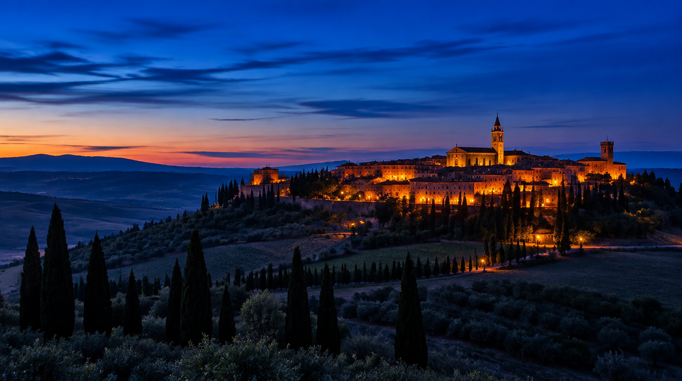 A Val d'Orcia hill town glowing with warm window and streetlight against a deep blue twilight sky
