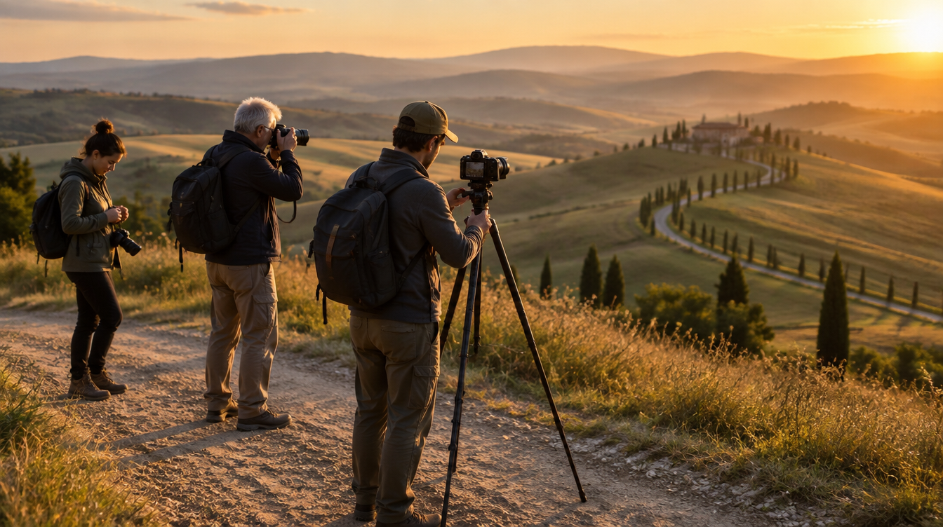 A small group of photographers with a mix of camera gear photographing the Val d'Orcia hills at golden hour