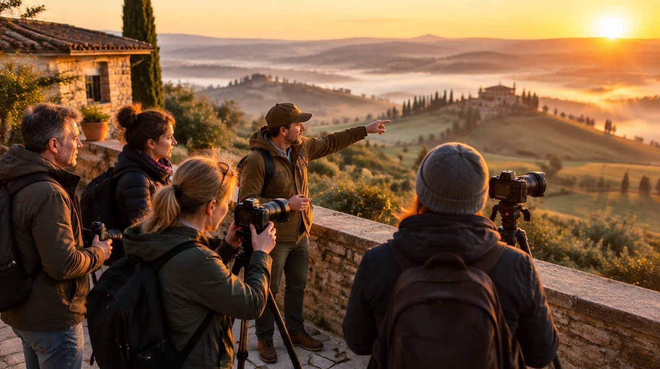 A professional photography guide reviewing a shot list with a small group of travelers on a sunlit Tuscan villa terrace before a golden hour shoot