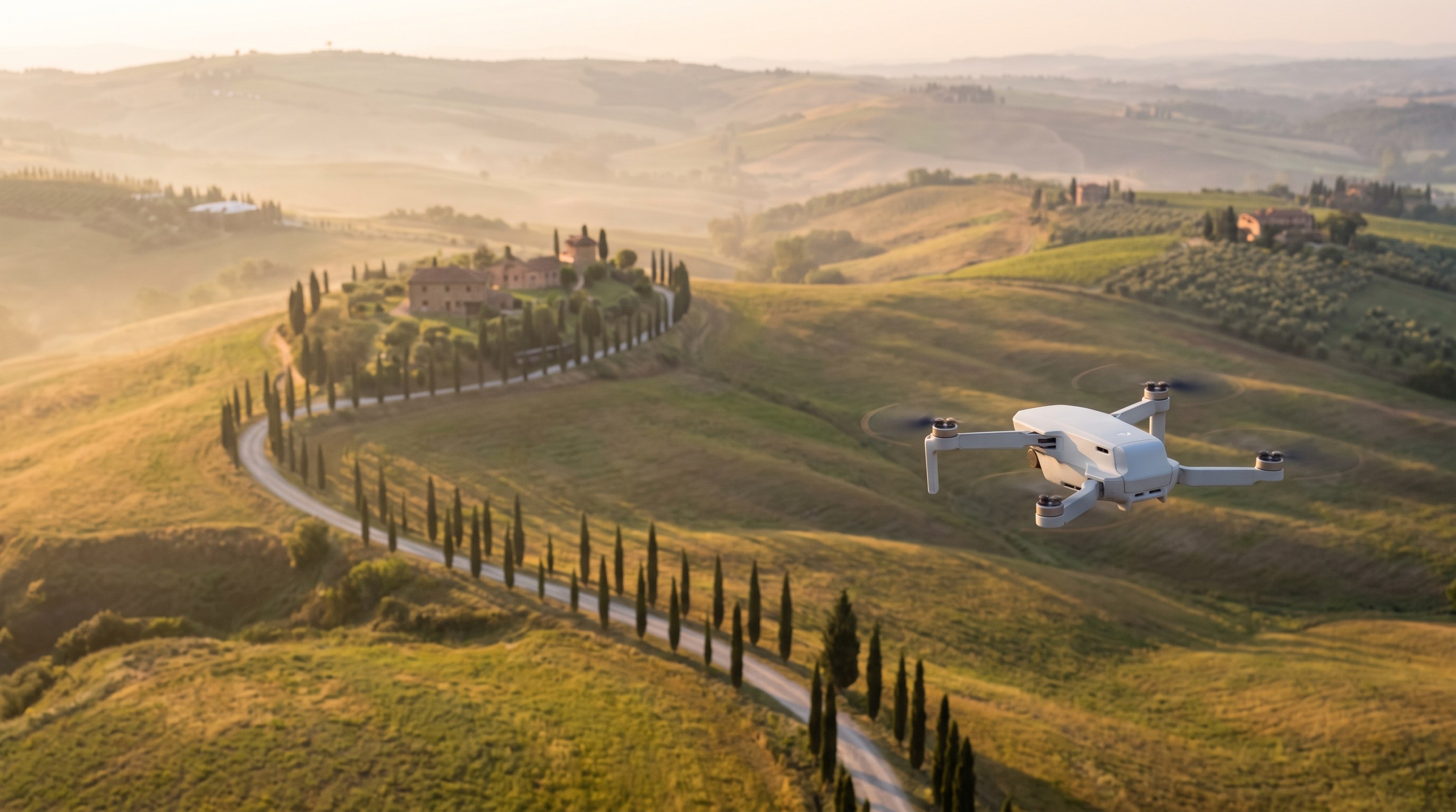 A small camera drone flying above the rolling farmland of Val d'Orcia at sunrise