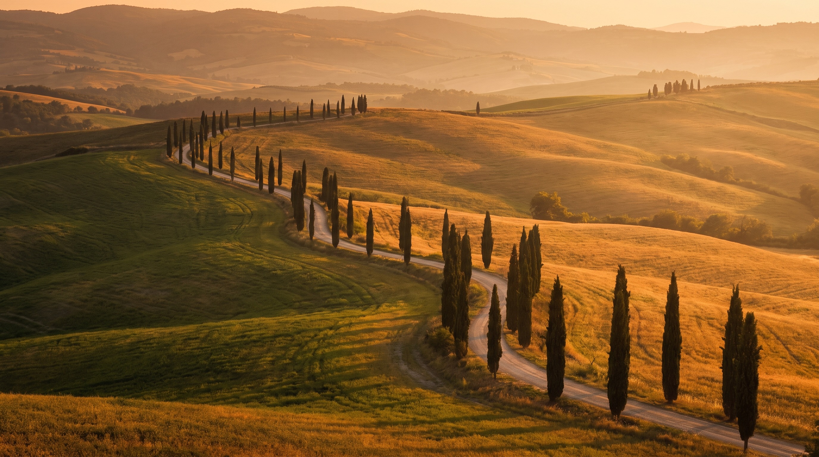 A winding cypress-lined road through golden hour hills in Val d'Orcia, Tuscany