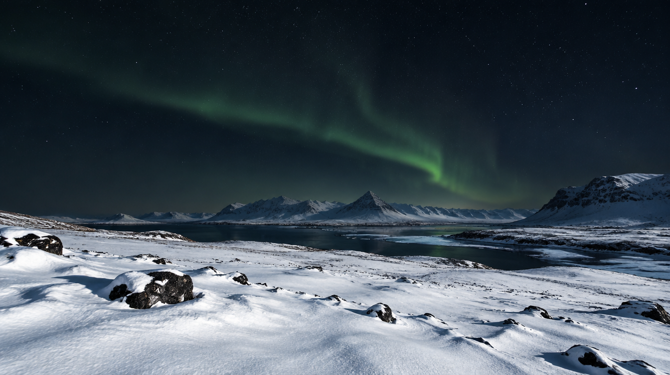 A bright snow-covered Icelandic landscape under a dark night sky with a faint aurora, a classic high dynamic range scene for exposure bracketing