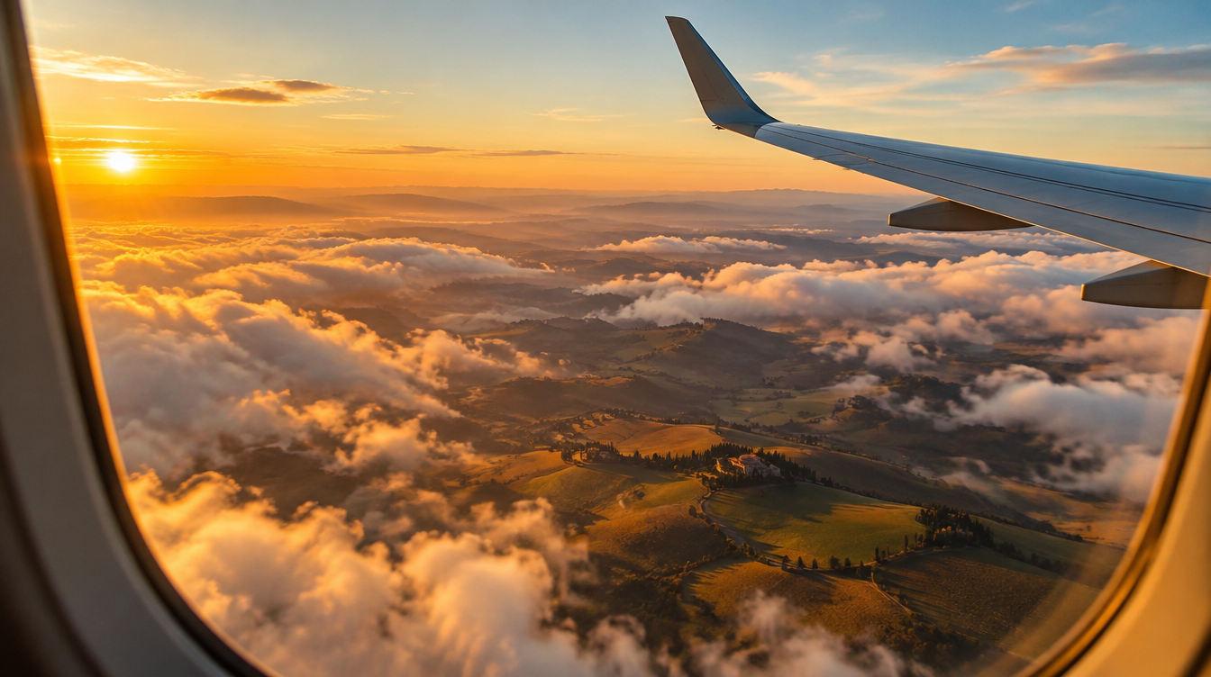 View from an airplane window at golden hour over rolling Tuscan-style hills and soft clouds, warm light, no people visible