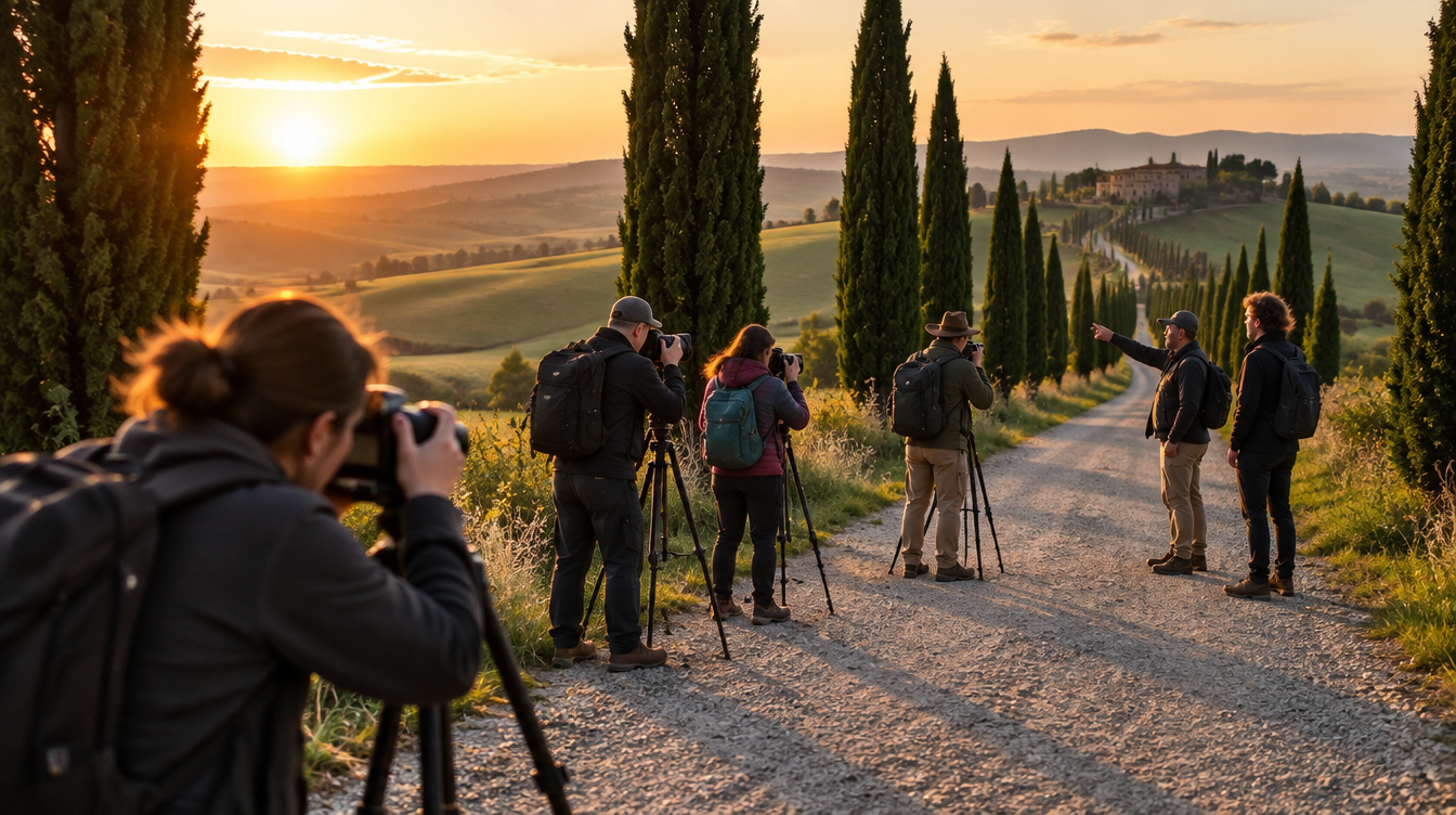 A small group of photographers and their guide setting up tripods along a cypress lined road in Val d'Orcia at golden hour