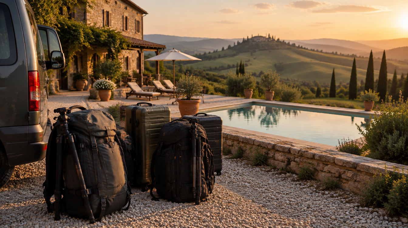Camera bags and rolling suitcases beside a small van parked on a Tuscan villa terrace at golden hour, rolling hills and cypress trees in the background