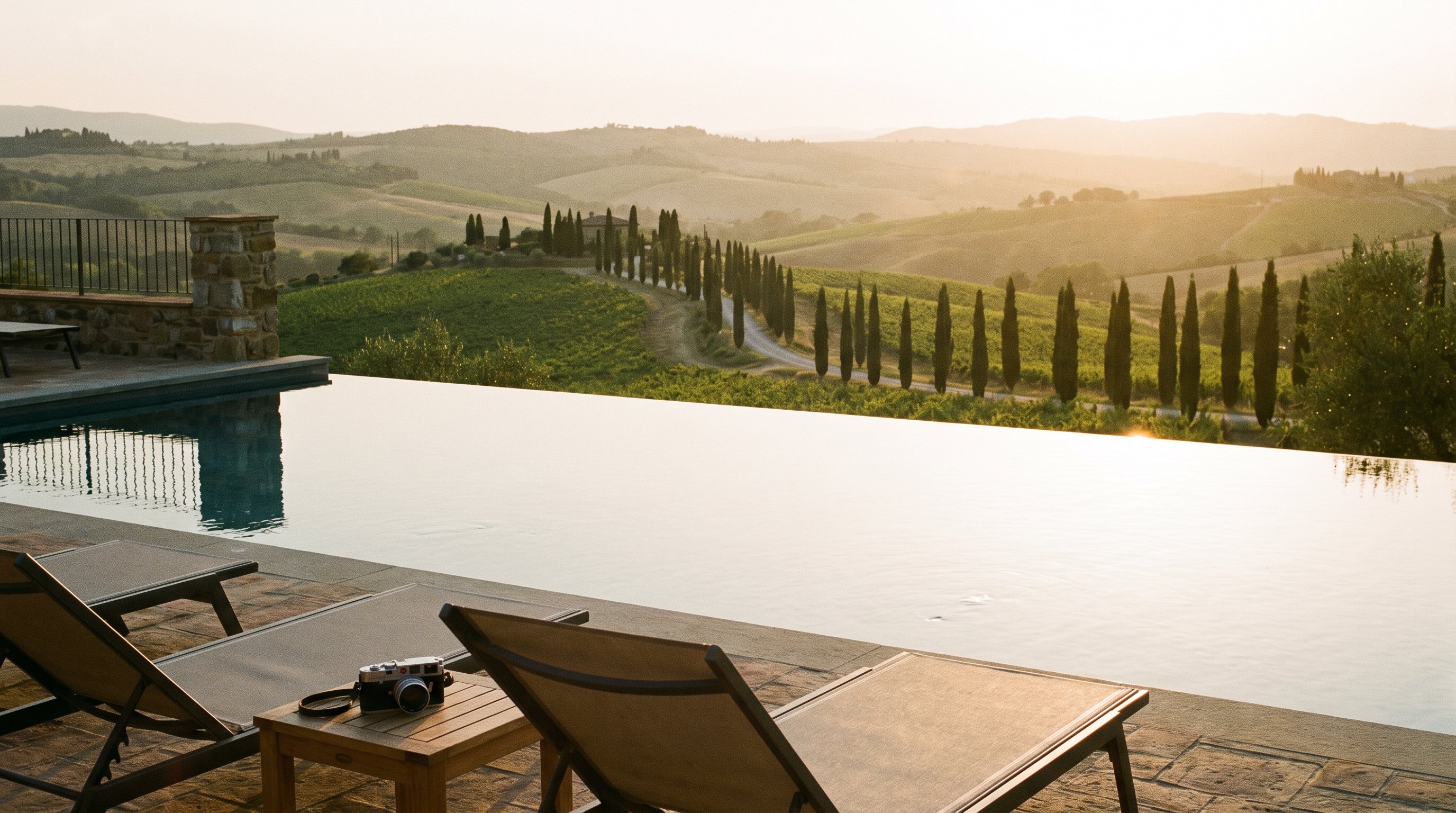 A small group of photographers packing up cameras and tripods on a Tuscan villa terrace at golden hour, with a pool and rolling hills in the background