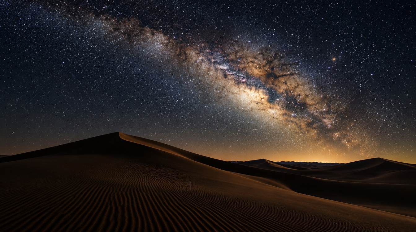 The Milky Way's galactic core arching over dark desert dunes at night, a clean, naturally edited astrophotography scene