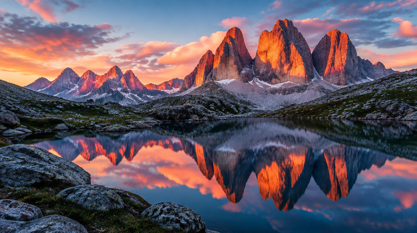 Blue hour light over jagged Dolomite peaks reflected in a still alpine lake just before sunrise