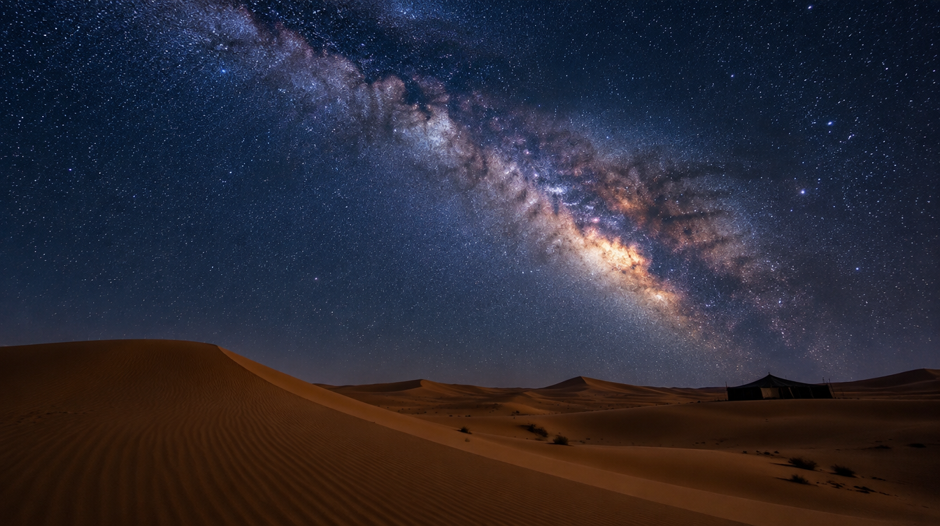 The dense core of the Milky Way galaxy rising over dark desert dunes under a star-filled sky