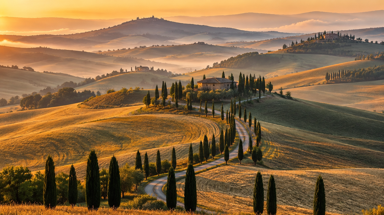Layered rolling hills and a cypress lined road lit by low, golden morning light over Val d'Orcia
