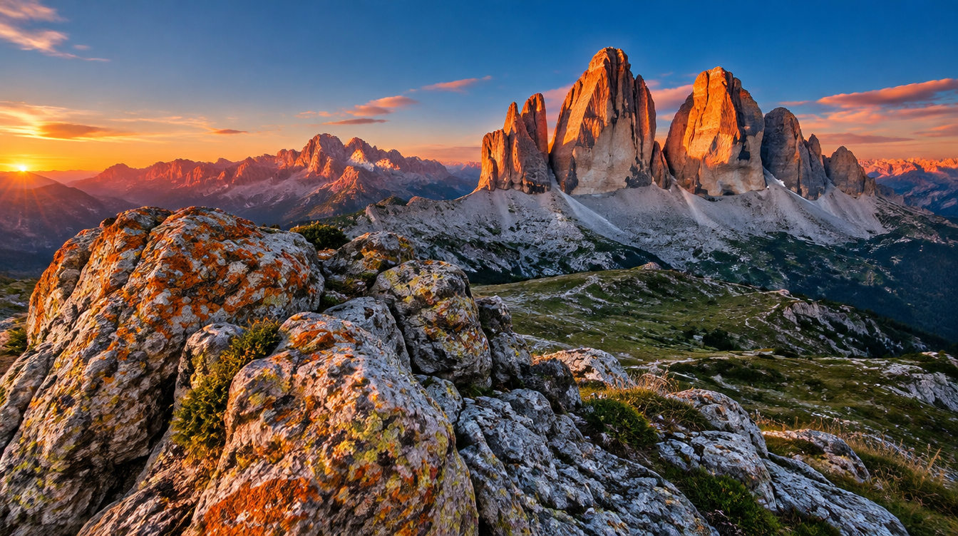 A sharp landscape photo with a close foreground rock and a distant mountain peak both in focus, Dolomites style alpenglow light