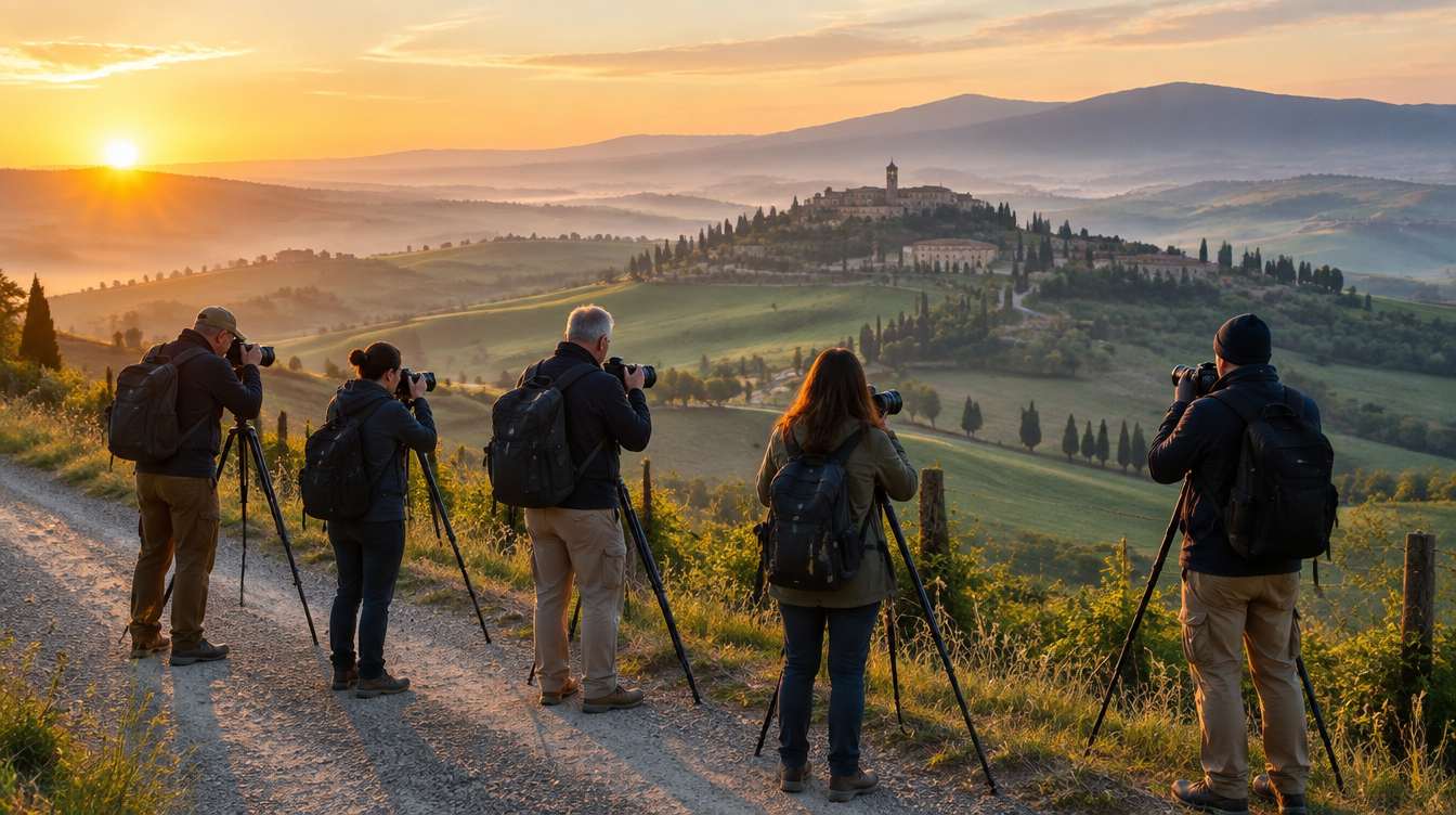 A small group of photographers with tripods watching the sunrise over the hills of Val d'Orcia, Tuscany, on their first morning in Italy