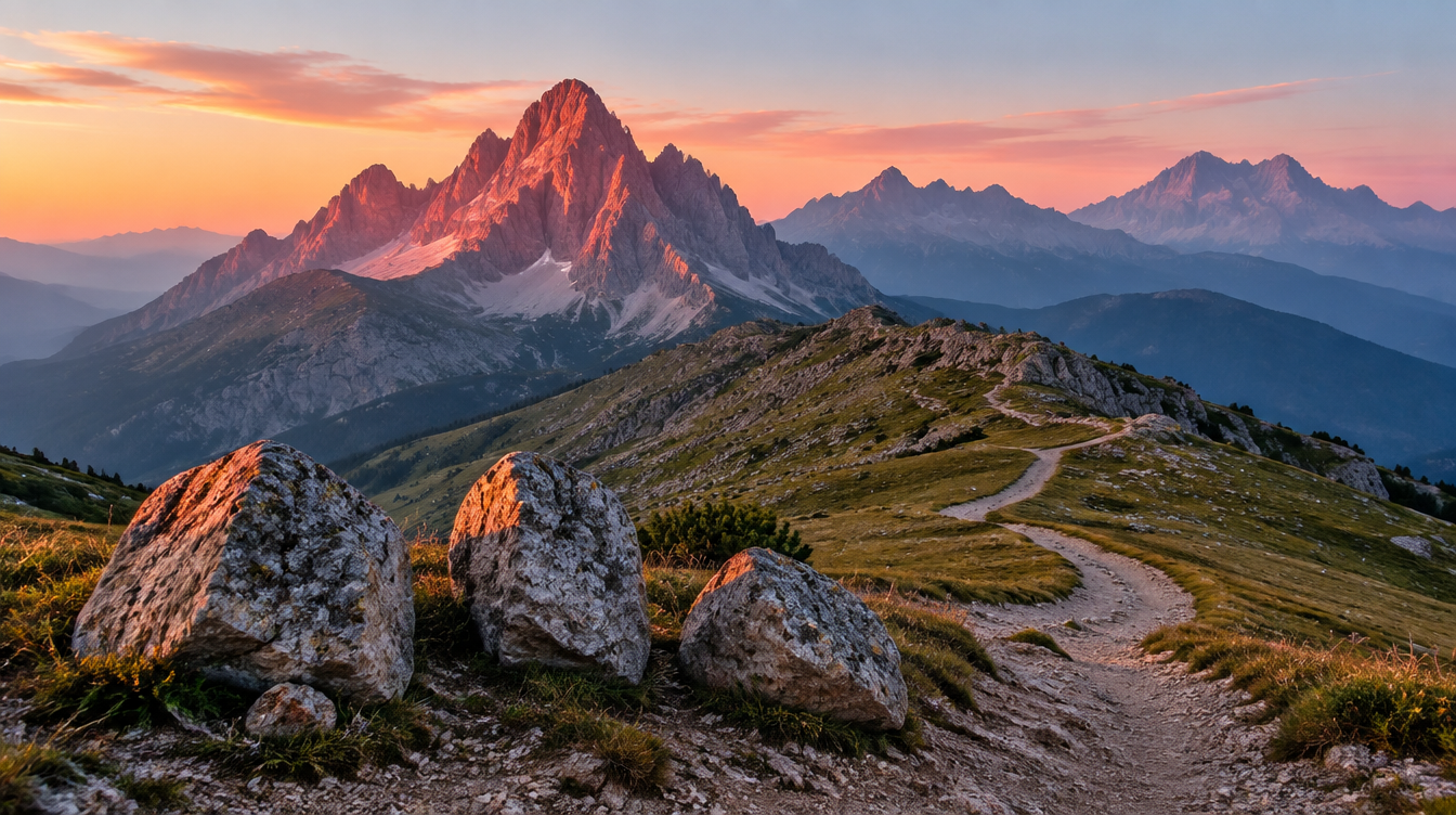 Layered Dolomites mountain ridgelines fading into morning haze with a foreground of weathered alpine rocks