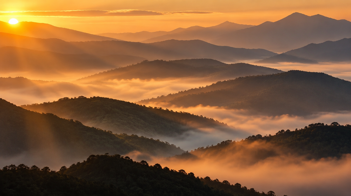 Golden hour light breaking over layered, misty mountain ridgelines, a classic landscape photography scene
