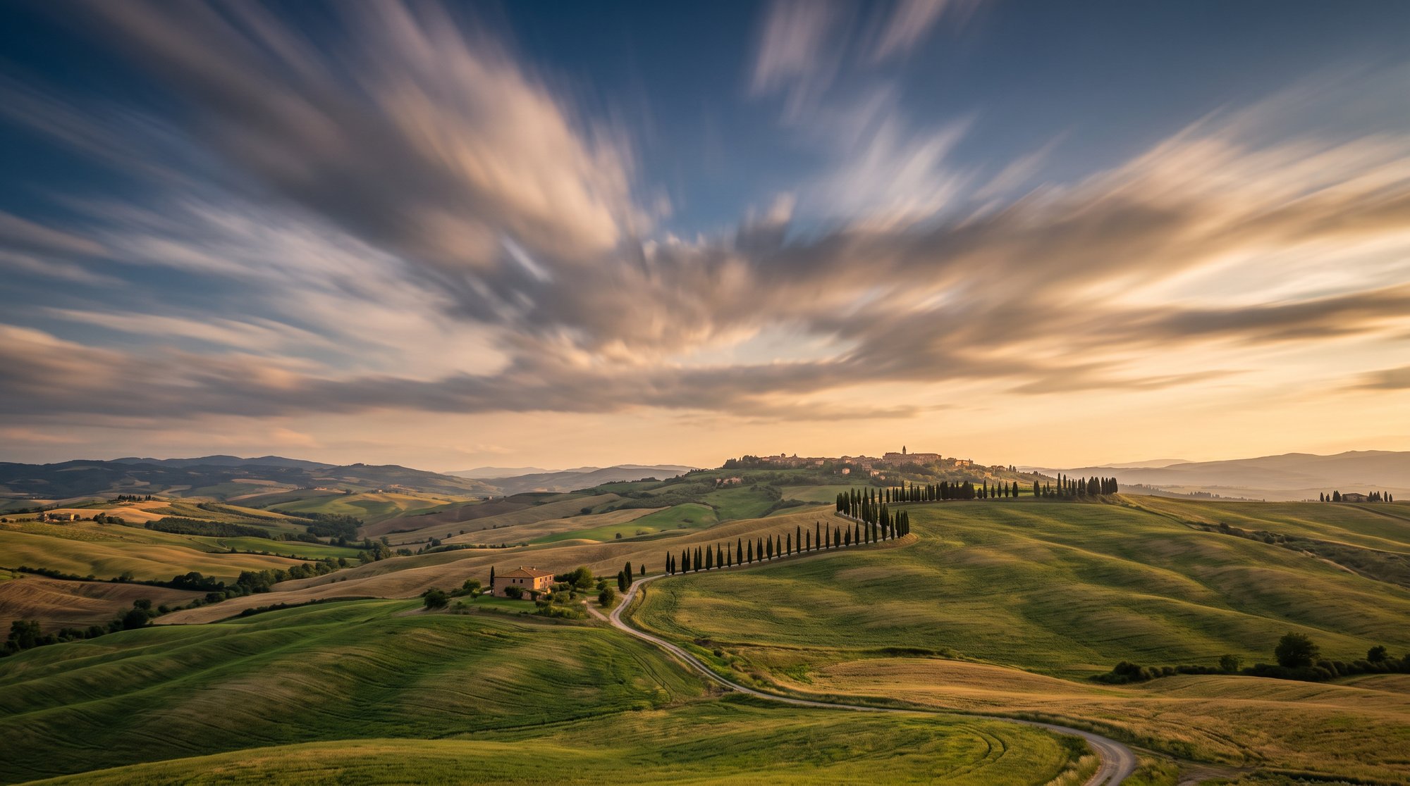 A long exposure smoothing clouds over the rolling hills of Val d'Orcia at sunset