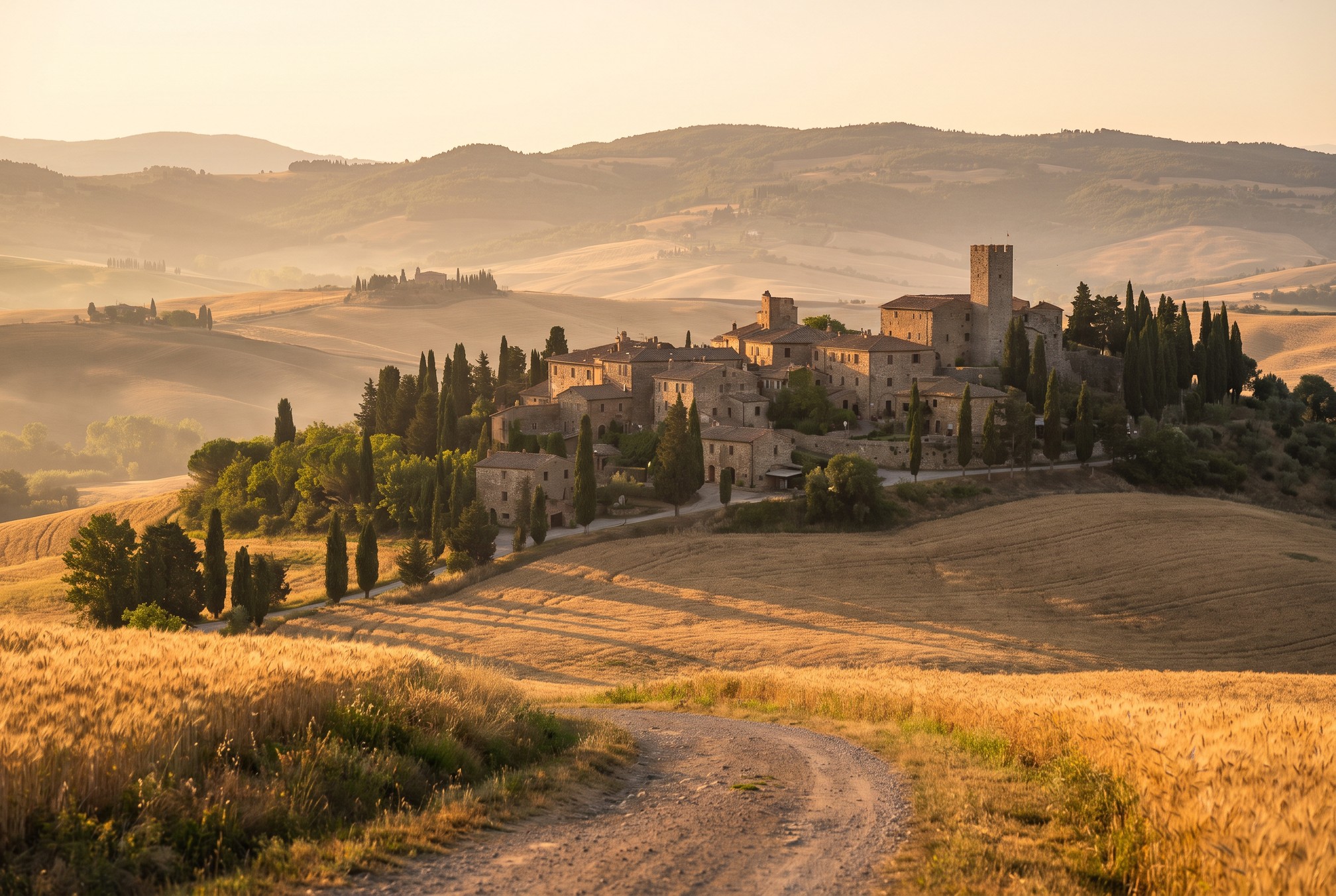 The medieval hilltop village of Monticchiello in Val d'Orcia, Tuscany, seen from a farm road at golden hour