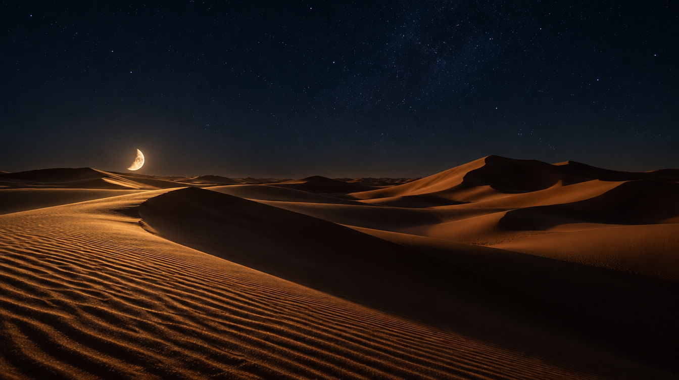 A quarter moon rising low over sweeping desert dunes, lighting the sand with soft, directional night light