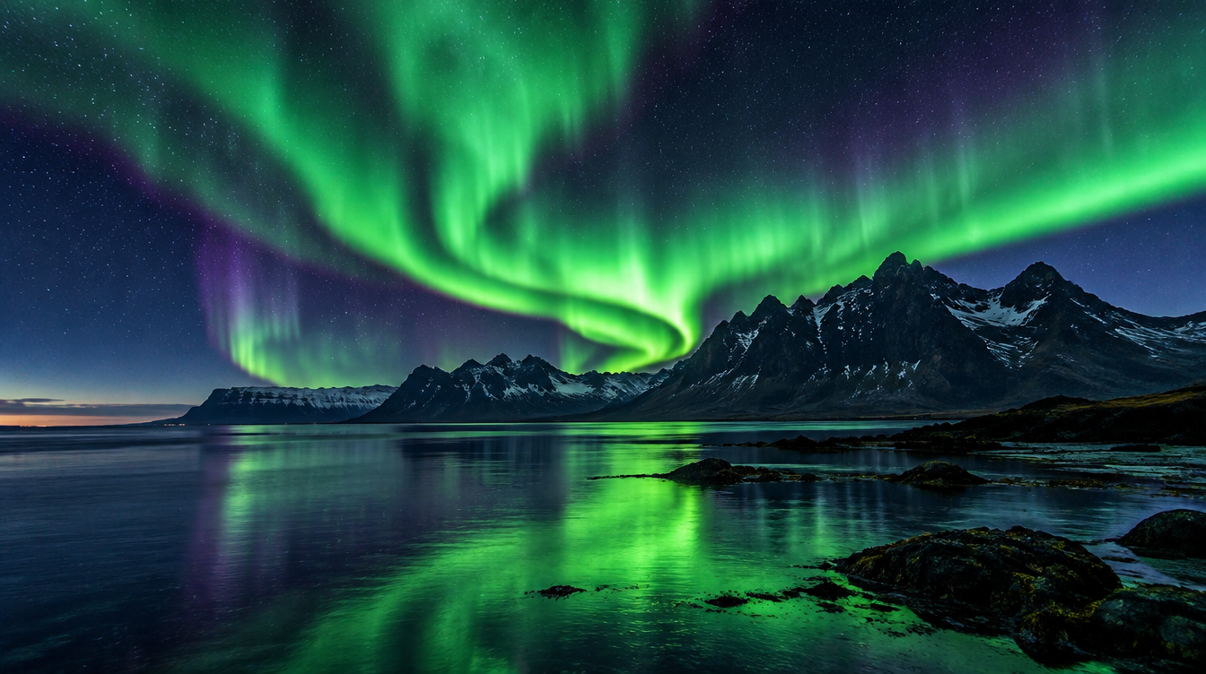 Bright green and purple northern lights swirling over a dark Icelandic coastline with mountains in the distance