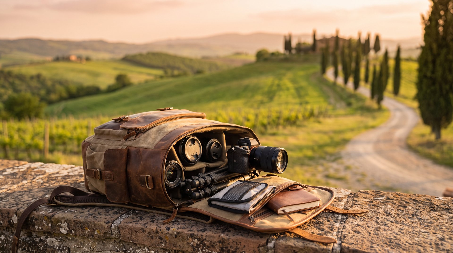 A packed camera backpack, lenses, and travel gear laid out on a stone wall overlooking the rolling hills of Val d'Orcia