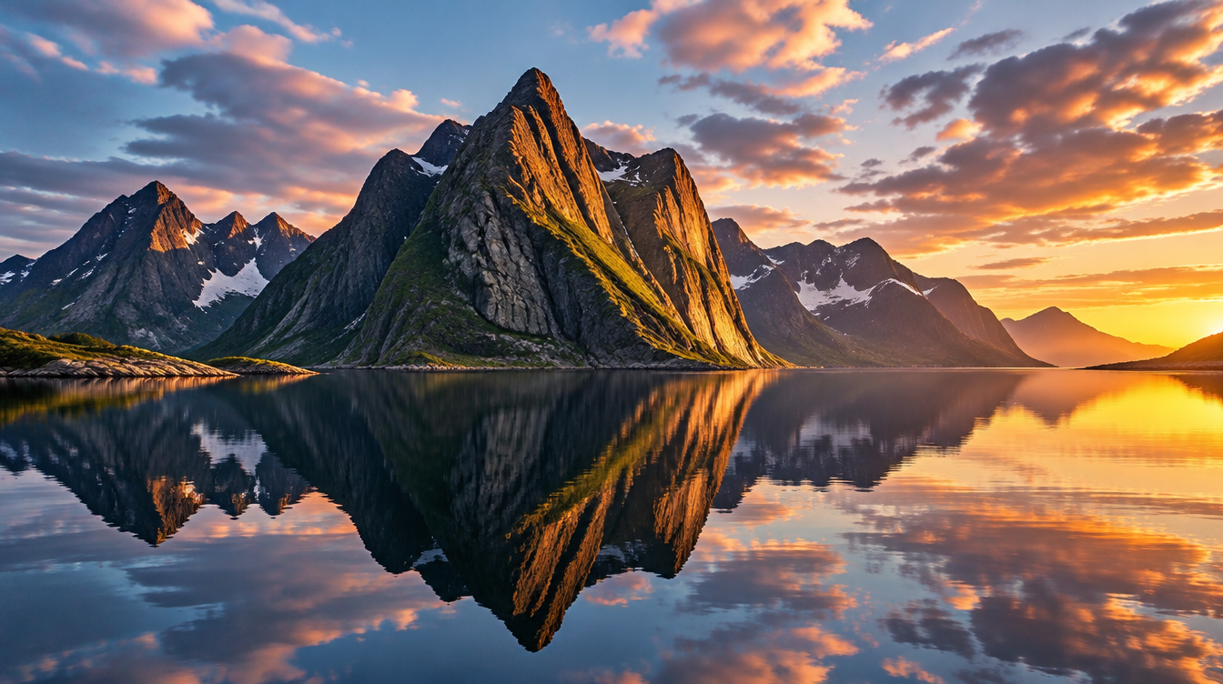 A wide panoramic view of layered Lofoten fjord mountains and still water at golden hour