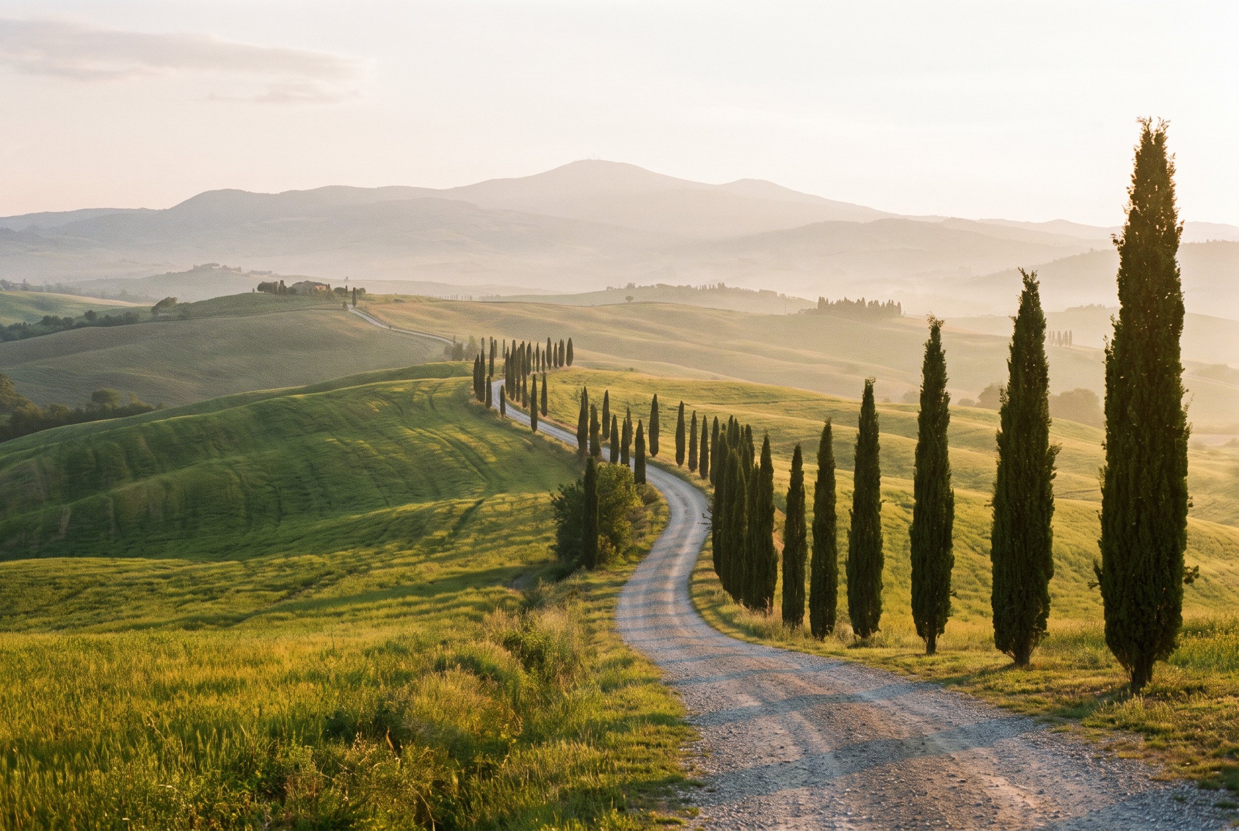 A photographer's camera bag, lenses, and travel gear laid out beside a window with warm Tuscan light