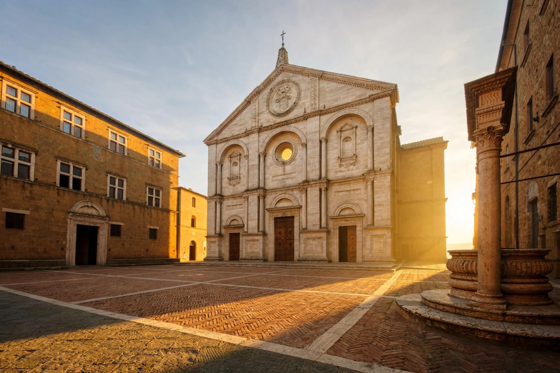 The symmetrical Renaissance facade of Pienza's cathedral in Piazza Pio II at golden hour