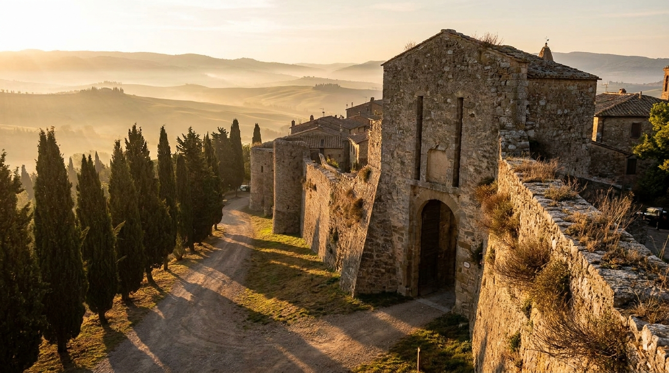 Medieval stone gate and walls of San Quirico d'Orcia at golden hour with cypress trees in the distance