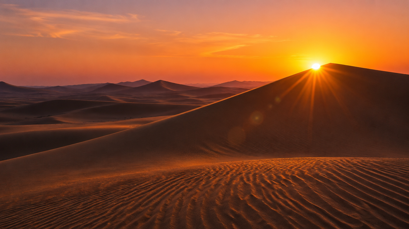 The sun partially hidden behind a desert dune ridge at sunset, forming a sharp sunstar over silhouetted sand dunes