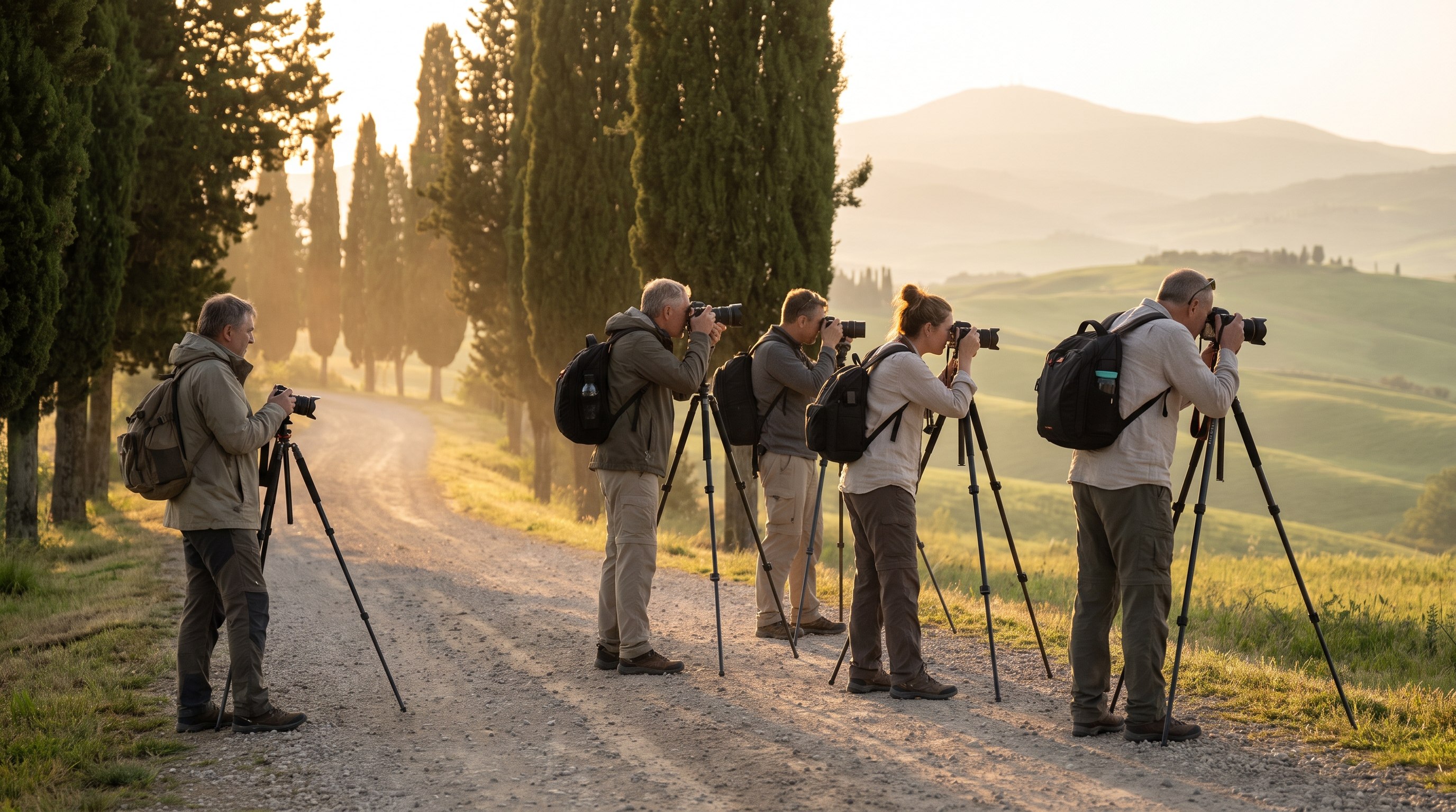 A small group of photographers with tripods spaced along a quiet Tuscan hilltop road at golden hour, warm light over the rolling hills of Val d'Orcia