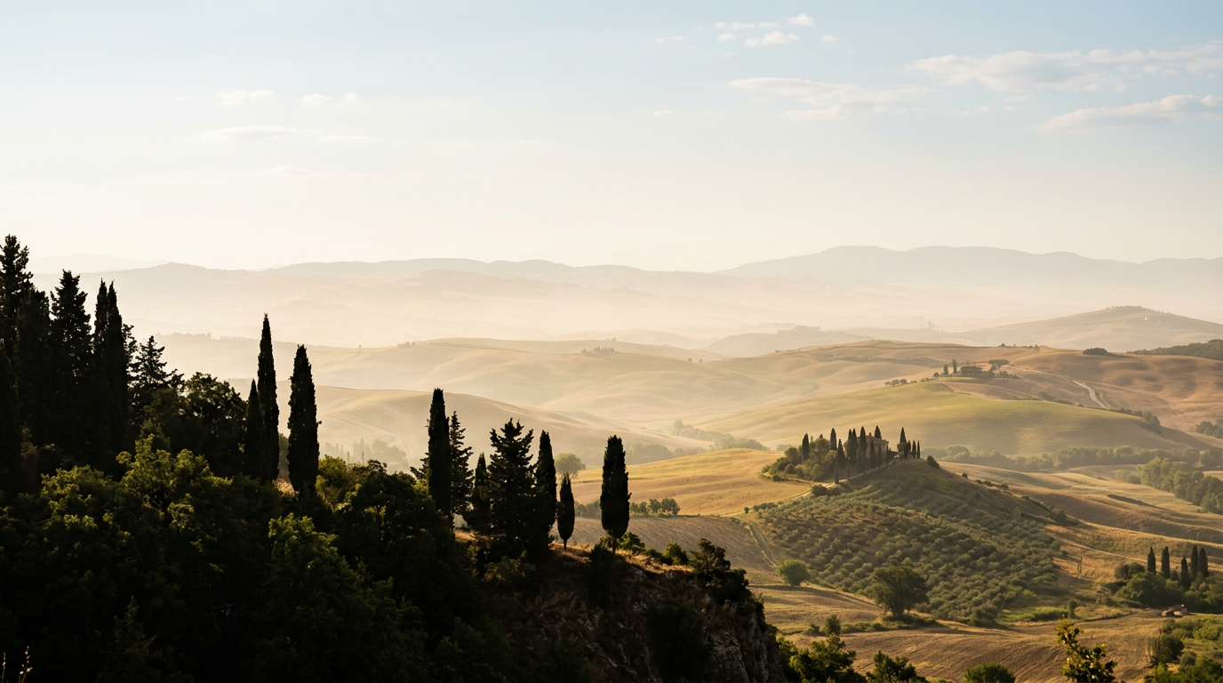 Layered Tuscan hills fading into golden summer haze under a warm midday sun