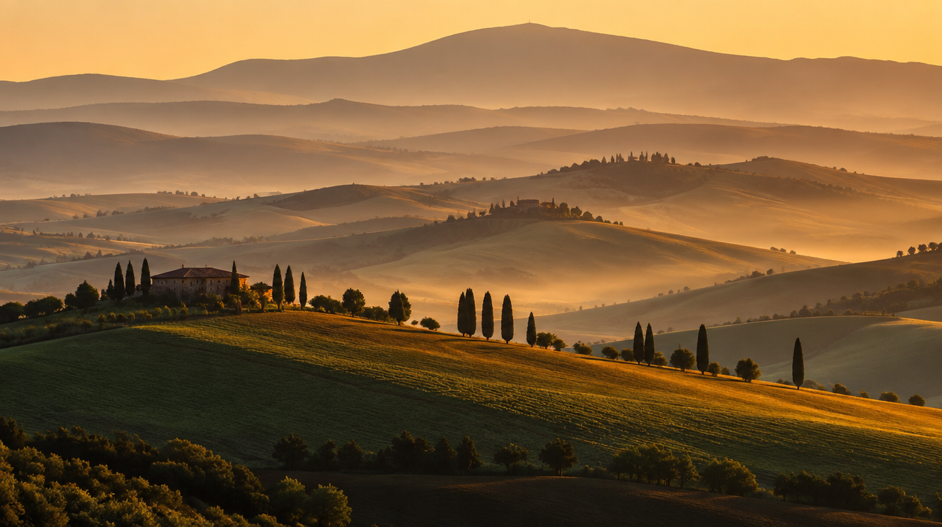 Layered Val d'Orcia ridgelines stacked into flat graphic bands by a telephoto lens at golden hour