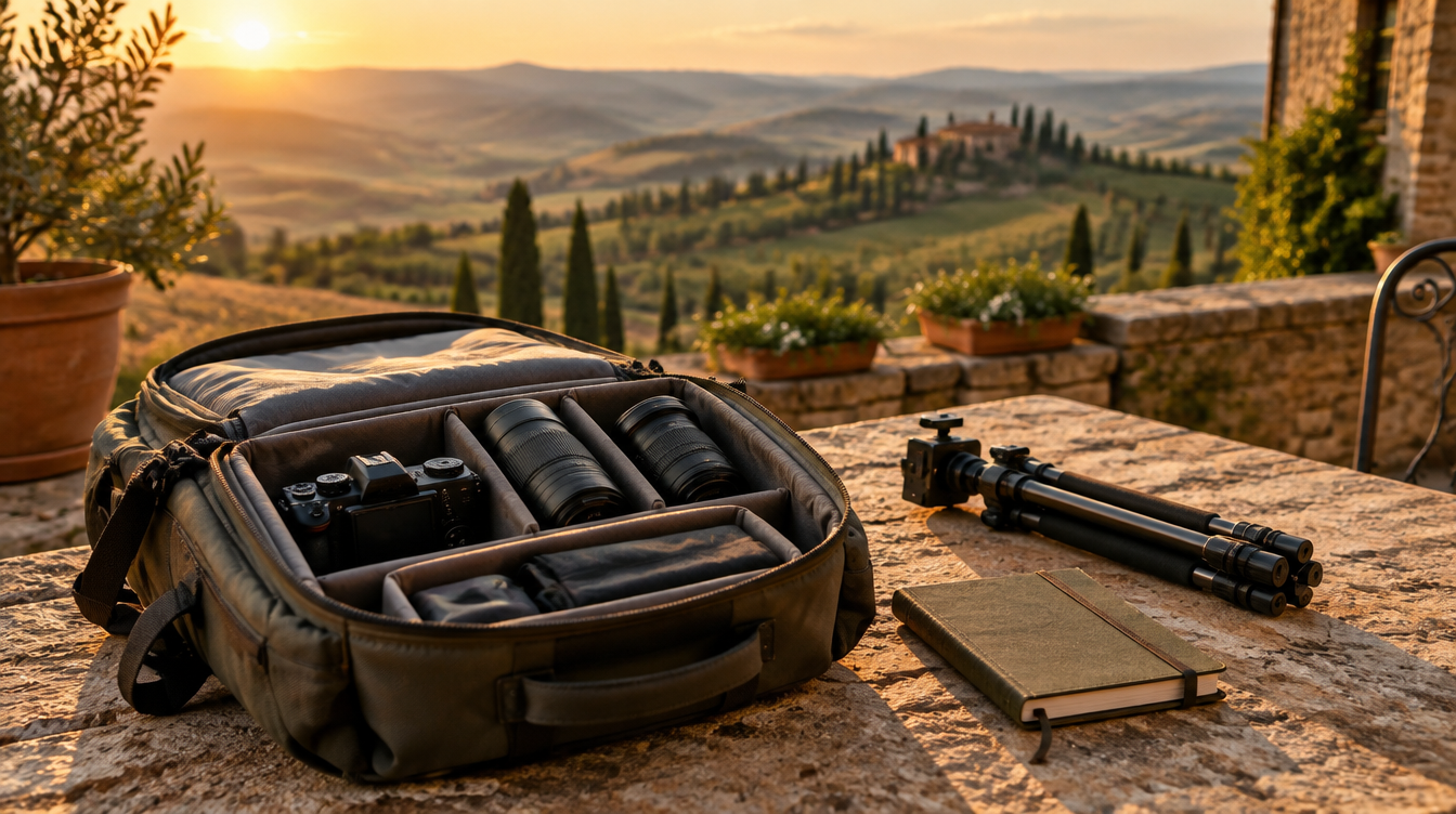 A photographer's camera bag, lenses, and tripod laid out on a sunlit Tuscan villa terrace overlooking Val d'Orcia