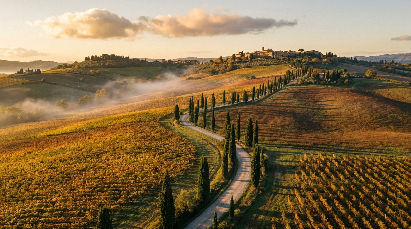Golden autumn vineyards and cypress trees in Val d'Orcia, Tuscany, with soft morning light and a hint of fog in the valley