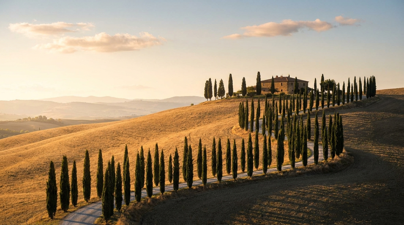A winding cypress lined driveway climbing a Val d'Orcia hillside at golden hour