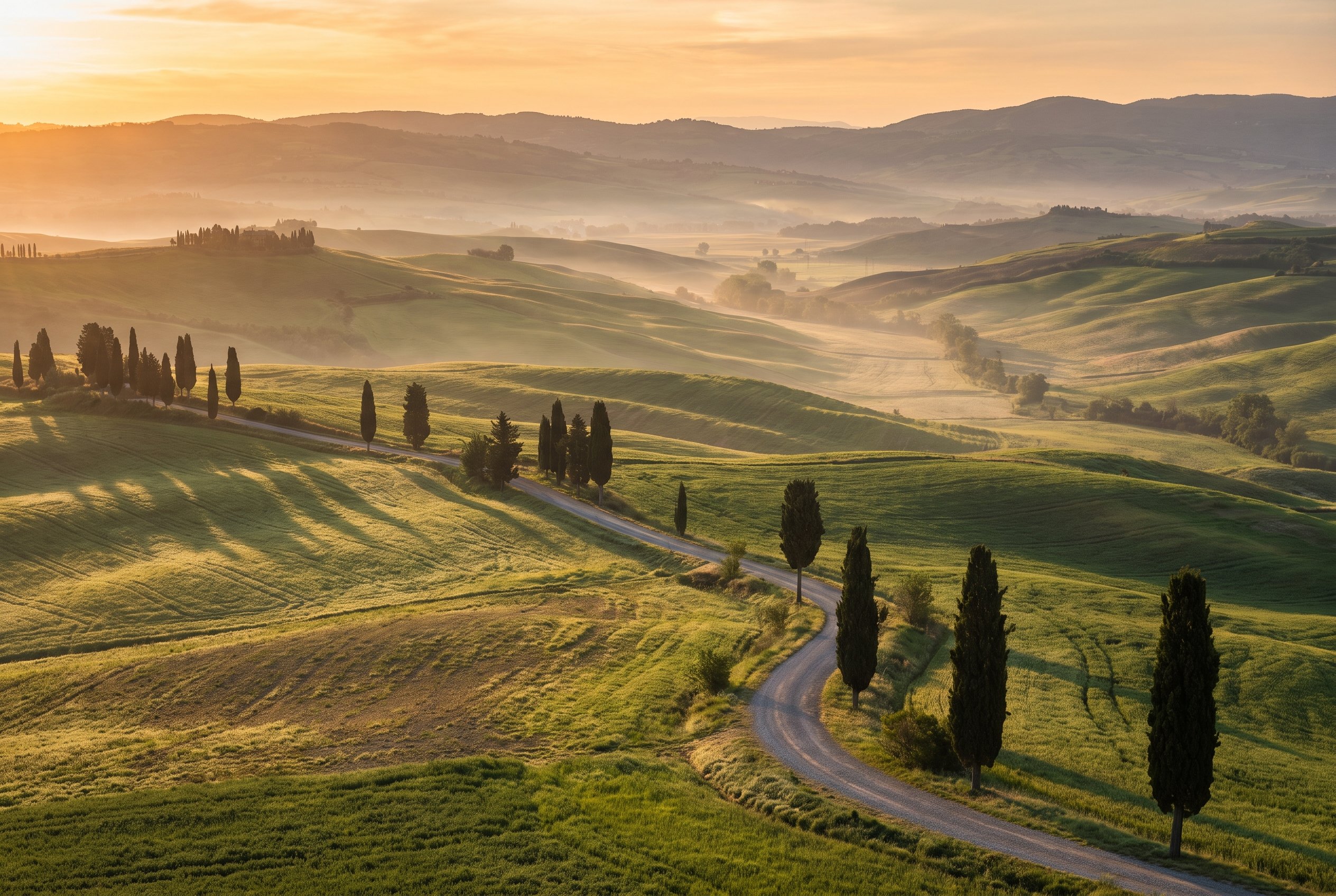 A beginner photographer setting up a tripod at sunrise on a hilltop overlooking the rolling hills of Val d'Orcia, Tuscany