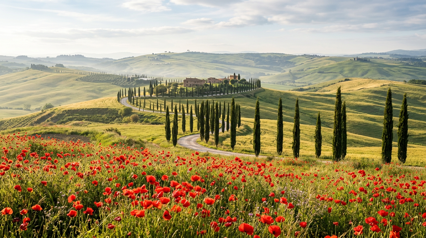 Red poppy field with cypress lined road and green rolling hills in Val d'Orcia, Tuscany in spring