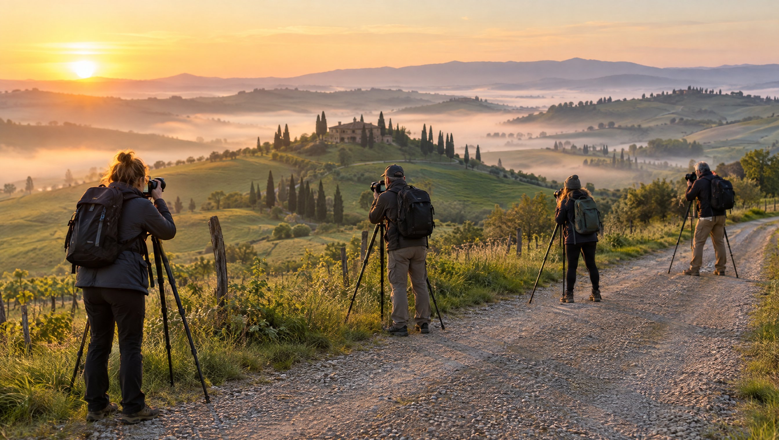 A small group of photographers with tripods set up on a gravel farm road in Val d'Orcia, Tuscany, photographing the sunrise over rolling hills