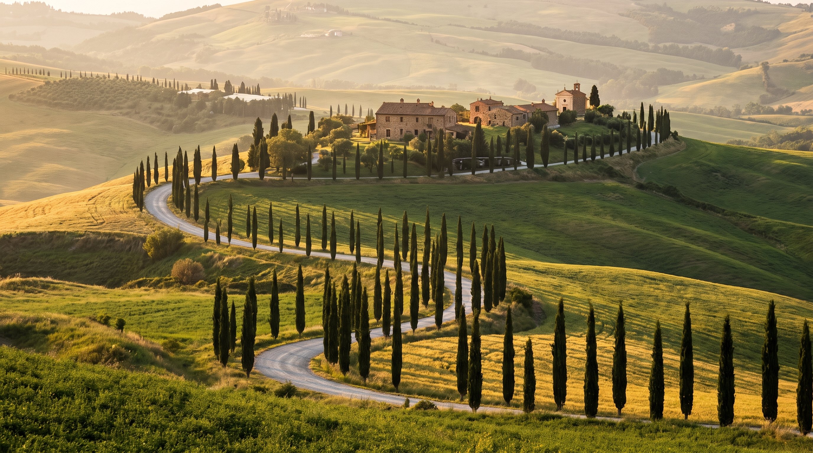 A winding gravel road lined with cypress trees leading toward a hilltop Tuscan village at golden hour