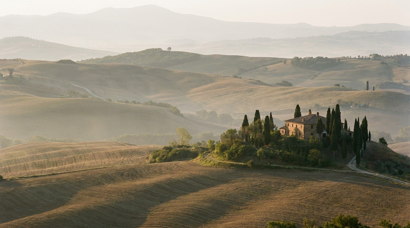 Rolling clay hills of Val d'Orcia at golden hour with cypress trees and a solitary farmhouse