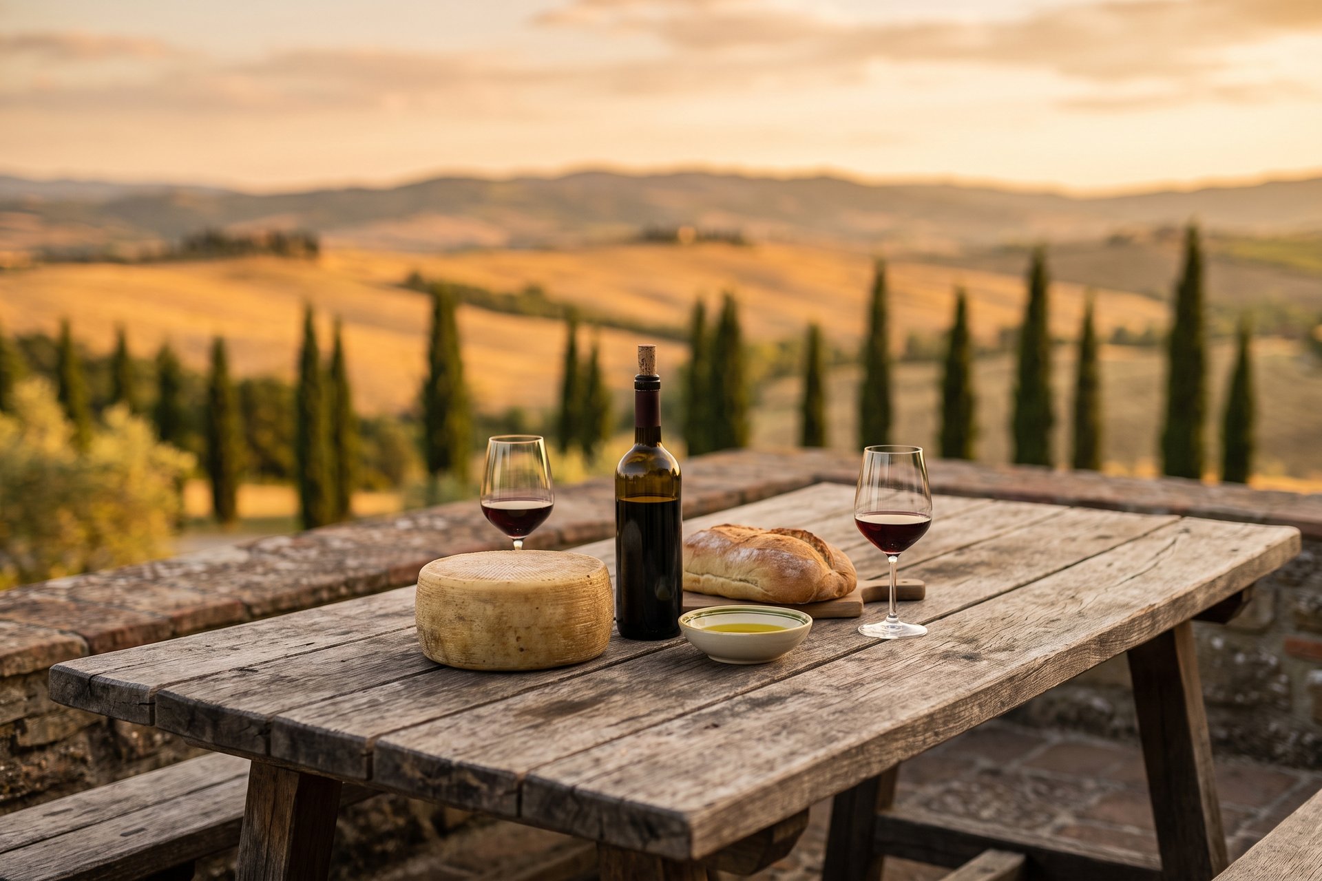A rustic outdoor table set with Tuscan food and wine overlooking the rolling hills of Val d'Orcia at golden hour