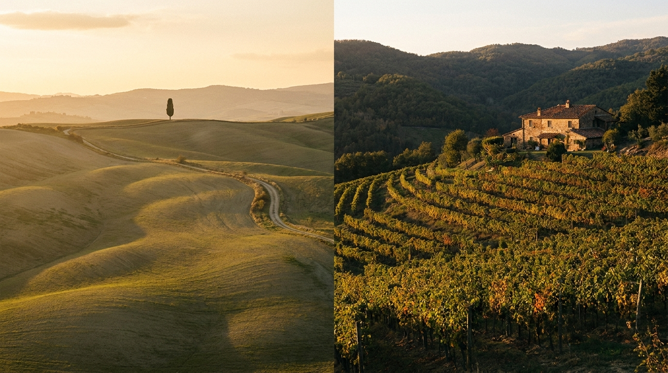 Split landscape view contrasting Val d'Orcia's open clay hills with Chianti's dense vineyard rows